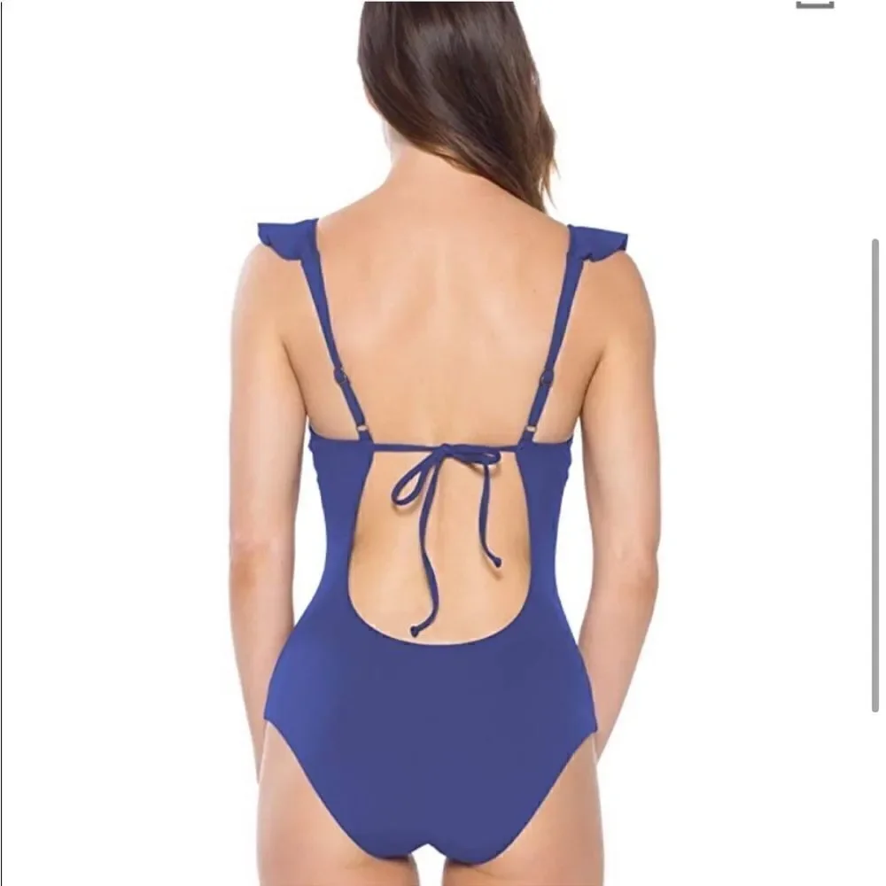 BECCA by Rebecca Virtue Plunge Ruffle One Piece Swimsuit Blue/Navy Medium